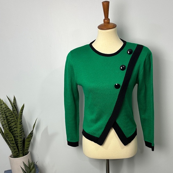 Ami Petites Vtg Green & Black Knit Cropped Sweater Size 6 - Picture 1 of 7